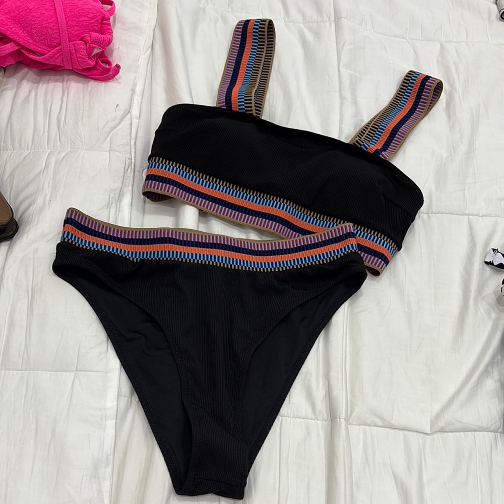 Chic Black Bikini with Multicolor Stripes